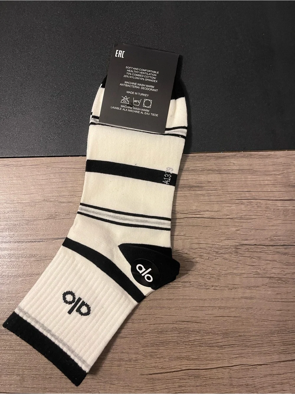 ALO Yoga Men’s Crew Socks in Black and Cream Stripe